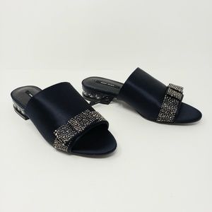 Zara Basic Navy Blue Satin Slides Rhinestones Bow